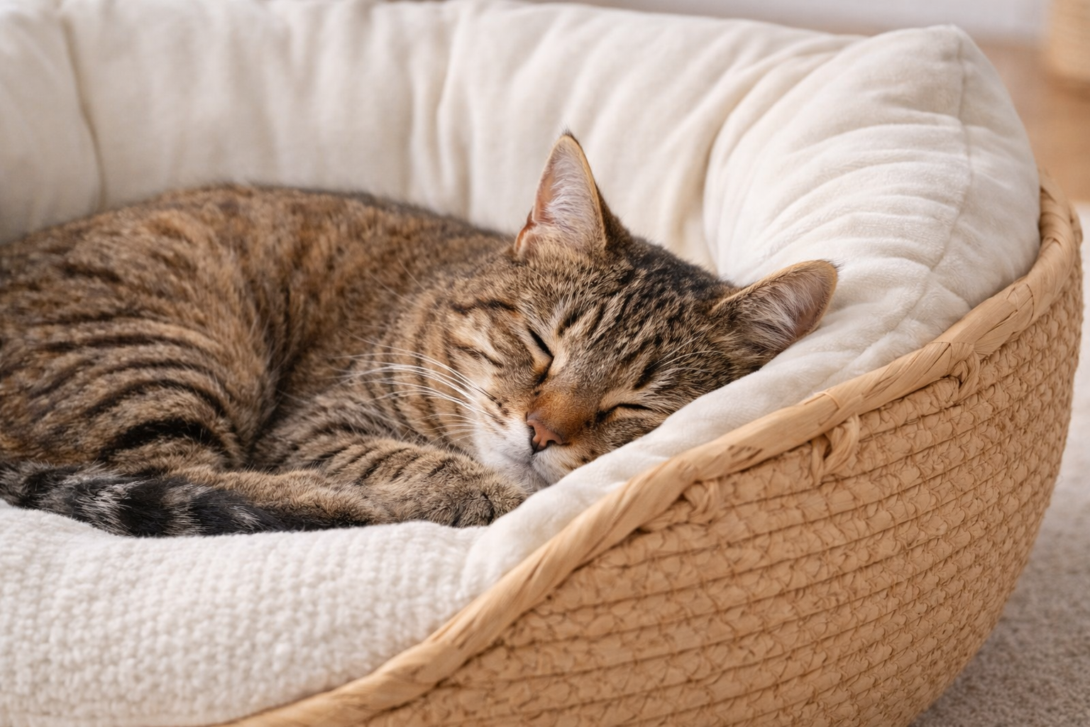 Chat tigré endormi dans le panier tressé ELARA avec coussin moelleux, confort optimal et ambiance apaisante