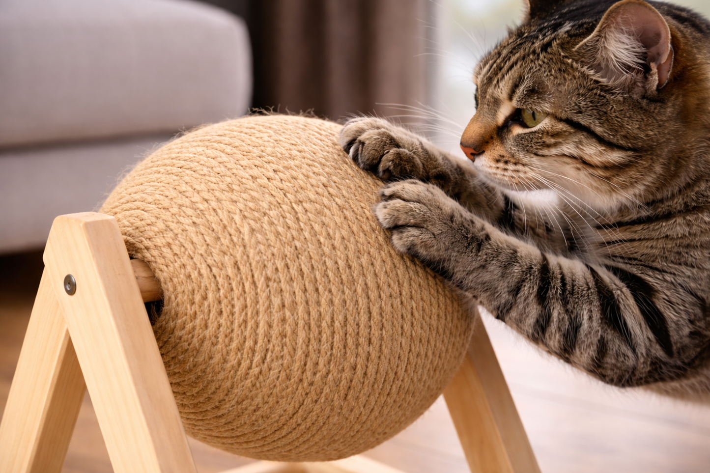 Chat en train de griffer le griffoir boule en sisal avec support en bois dans un intérieur chaleureux